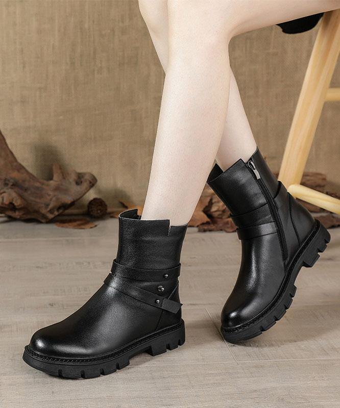 Black Genuine Leather Platform Flat Boots