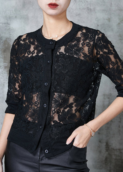 Black Hollow Out Lace Upf 50+ Tops Summer