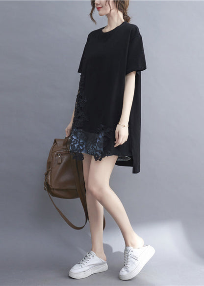 Black Lace Patchwork Cozy Top Short Sleeve