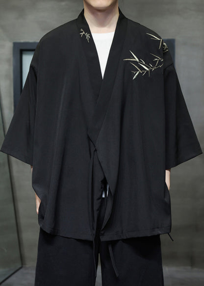Black Lace Up Cotton Shirt V Neck Batwing Sleeve