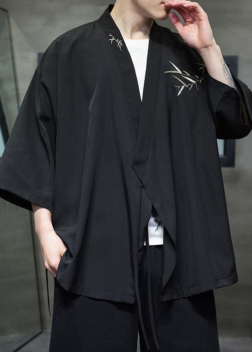 Black Lace Up Cotton Shirt V Neck Batwing Sleeve