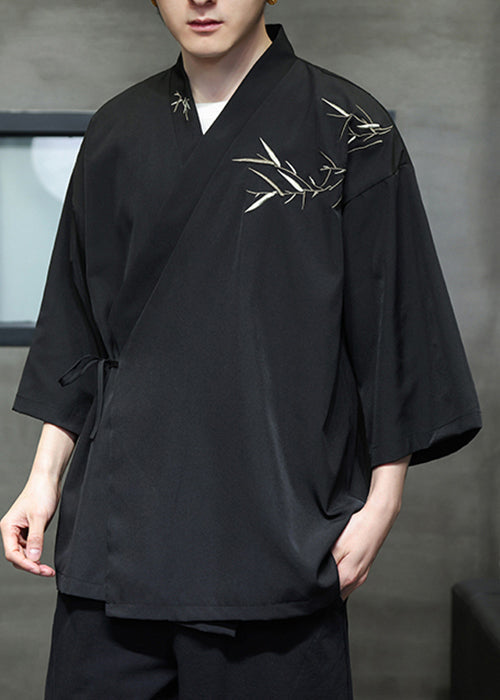 Black Lace Up Cotton Shirt V Neck Batwing Sleeve