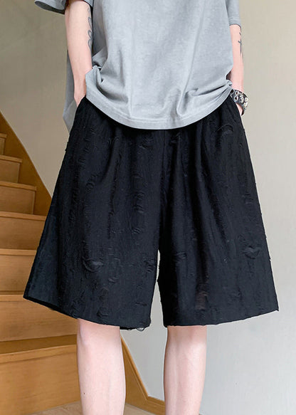 Black Lace Up Elastic Waist Cotton Summer Shorts Hole