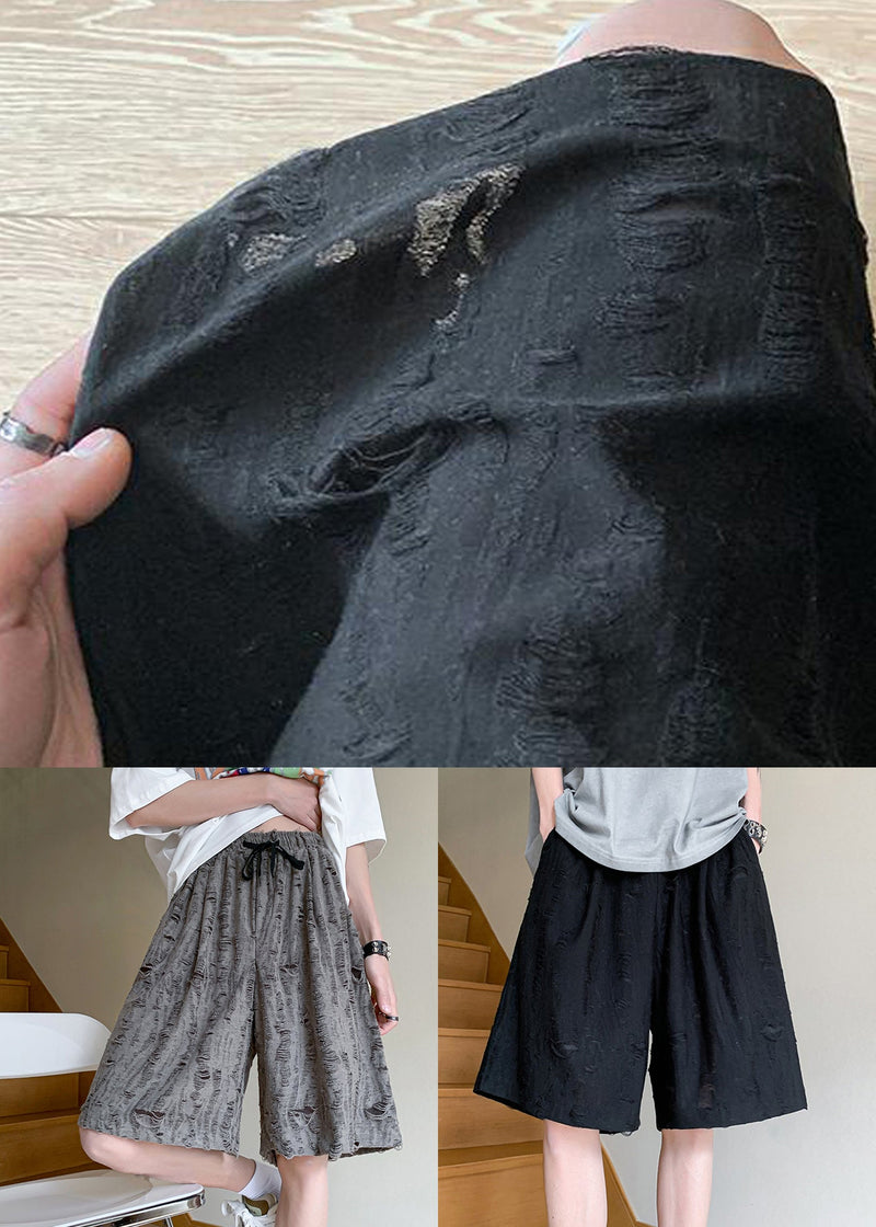 Black Lace Up Elastic Waist Cotton Summer Shorts Hole