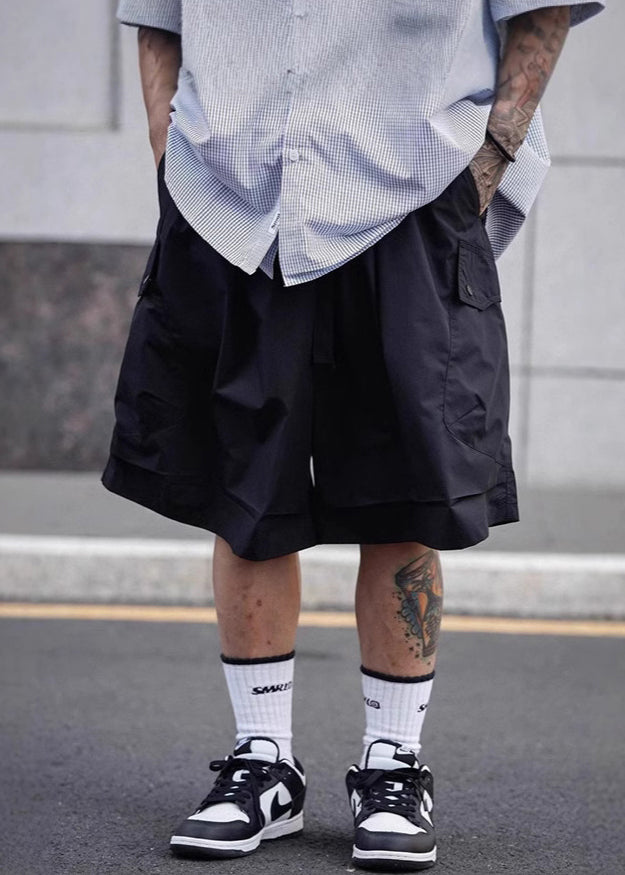 Black Lace Up Cotton Summer Shorts Elastic Waist