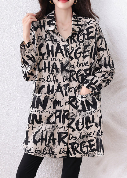 Black Letter Print Chiffon Long Shirts Oversized Fall