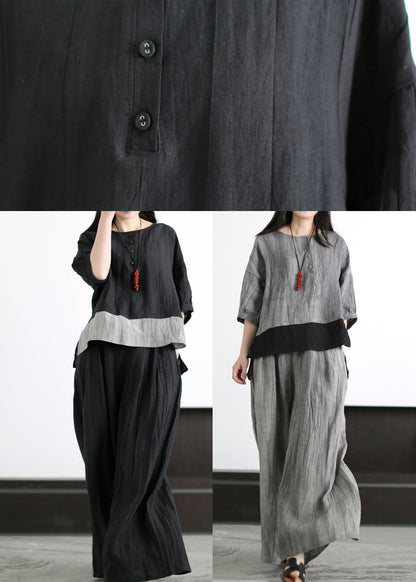 Black Linen Two Pieces Set Wrinkled Asymmetrical Half Sleeve