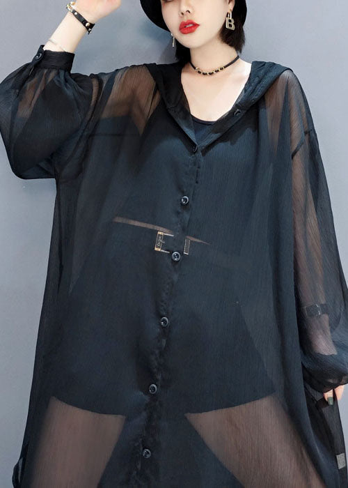 Black Loose Chiffon Upf 50+ Cardigans Oversized Side Open Summer