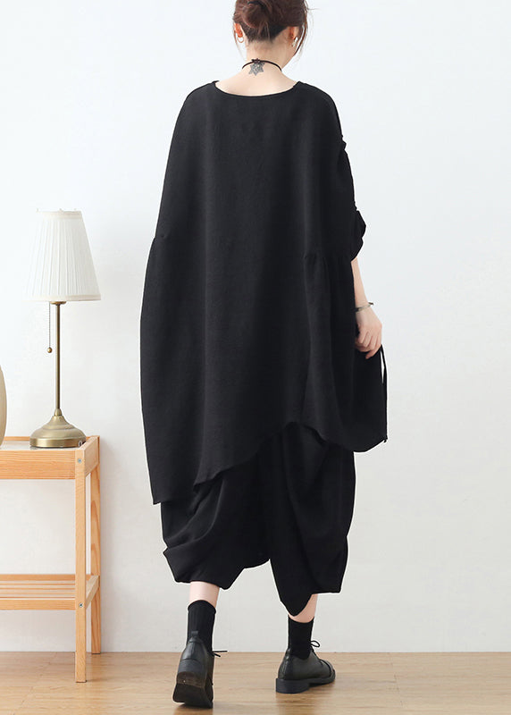 Black Loose Cotton Pullover Tops Asymmetrical Design Long Sleeve