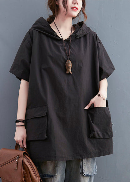 Black Loose Cotton Sweatshirt Hooded Pockets Summer
