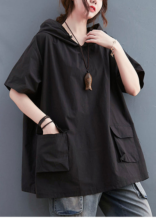 Black Loose Cotton Sweatshirt Hooded Pockets Summer