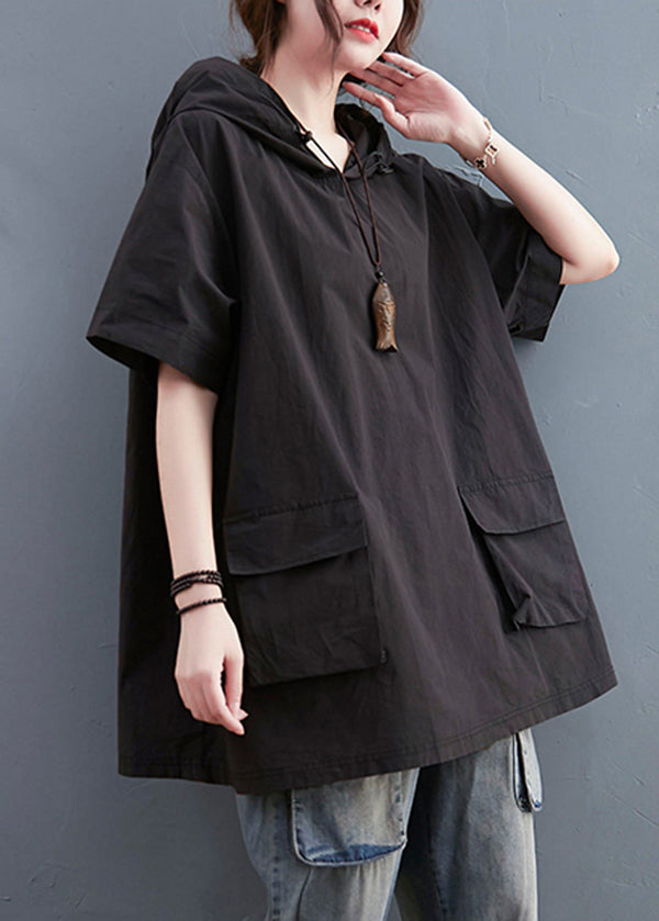 Black Loose Cotton Sweatshirt Hooded Pockets Summer