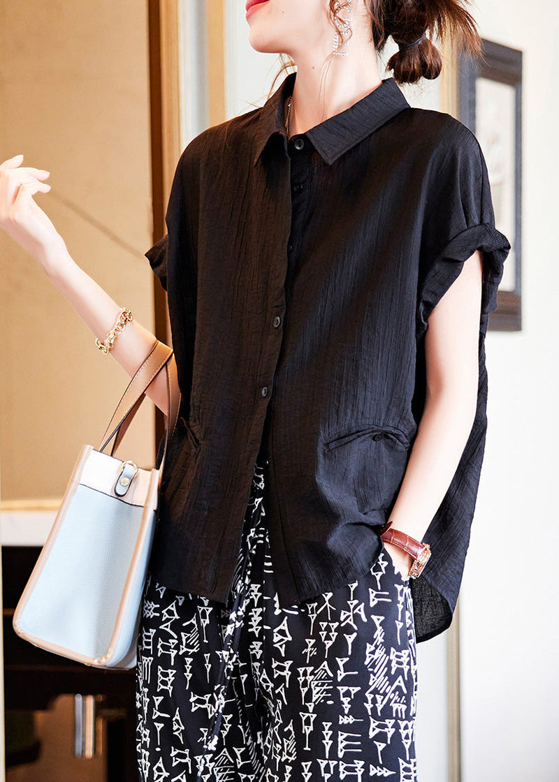 Black Low High Design Button Silk Shirt Summer