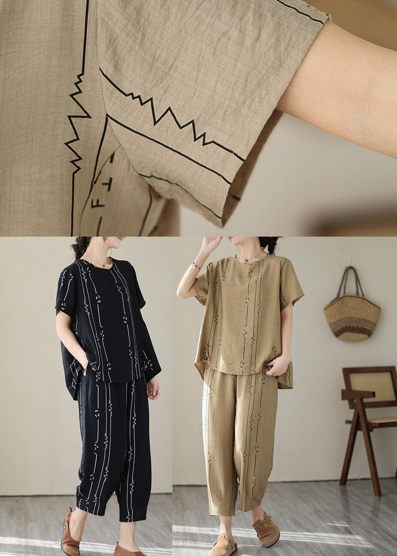 Black Low High Design Top and Harem Pants Two Piece Set Short Sleeve