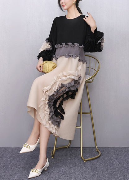 Black Nail Bead Patchwork Fall Maxi Dresses Ruffled