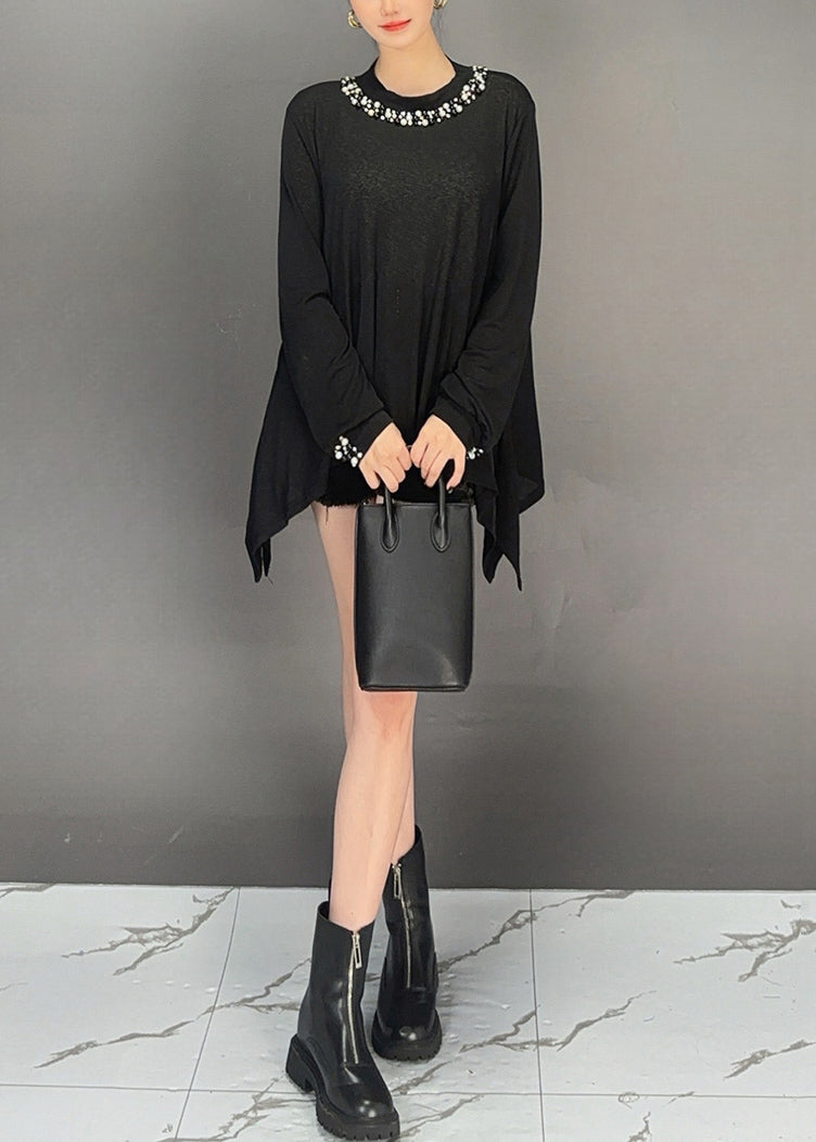 Black Nail Bead Thin Cotton T Shirt Asymmetrical