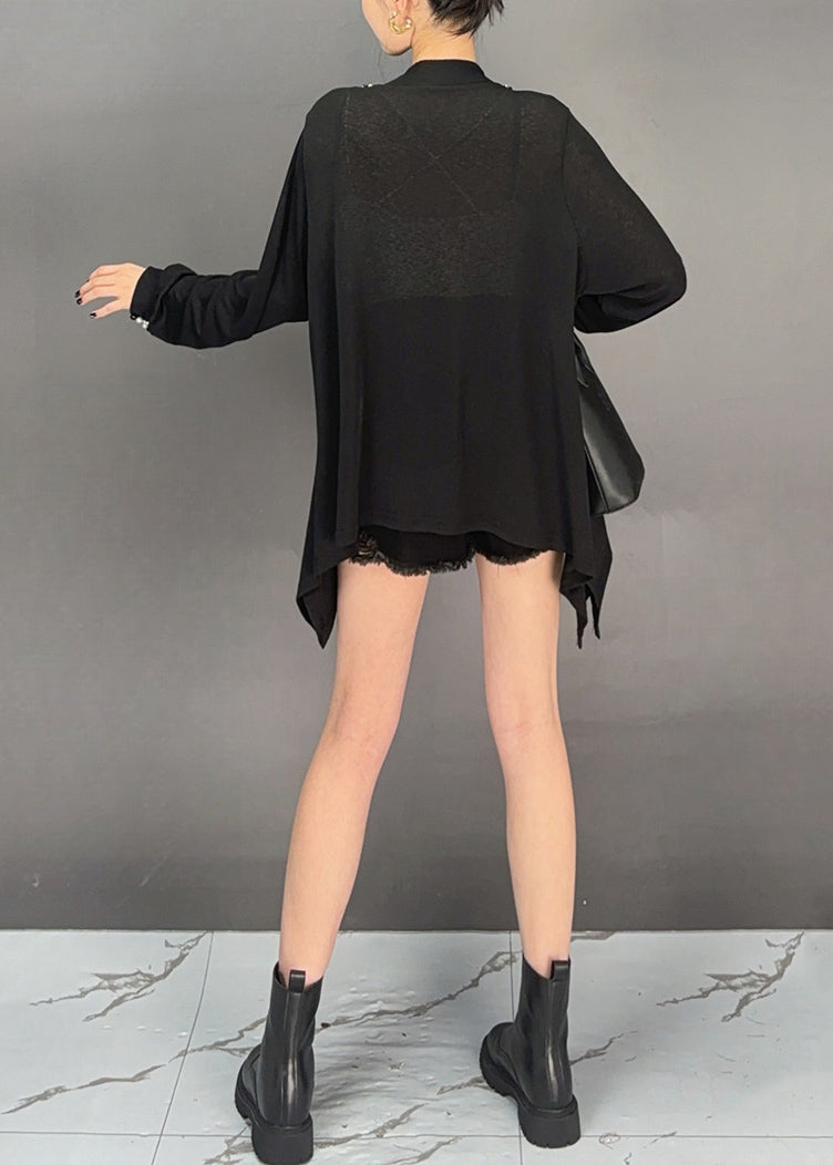 Black Nail Bead Thin Cotton T Shirt Asymmetrical