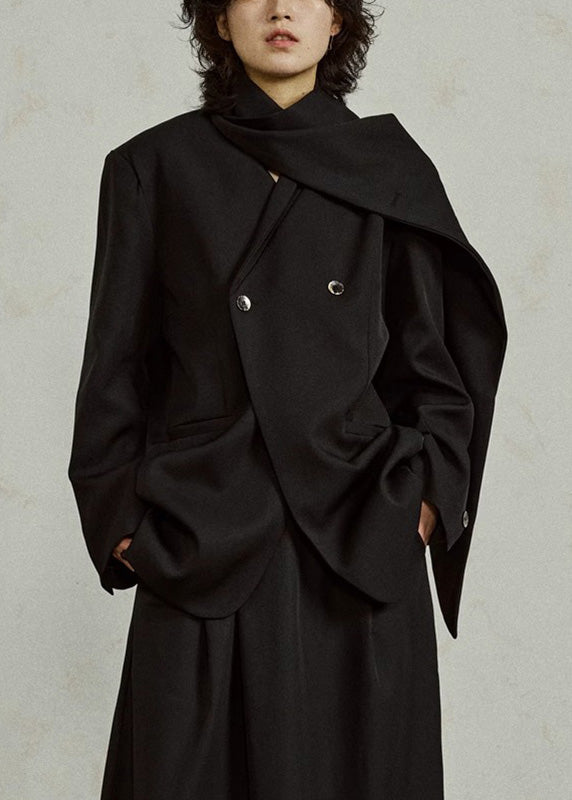 Black Notched Button Coats Long Sleeve