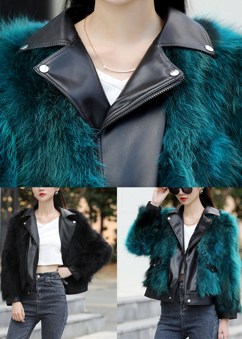 Black Notched Zippered Leather and Fur Coats Winter