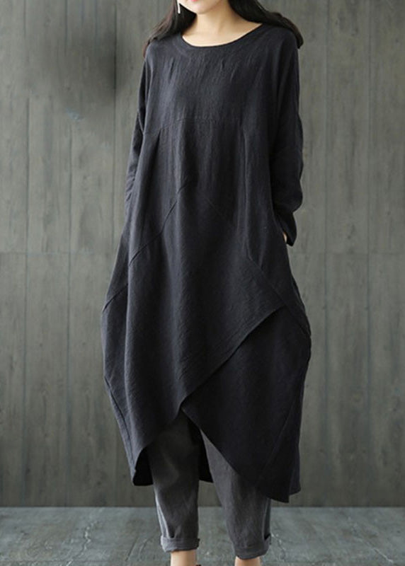 Black O-neck Asymmetrical Linen Long Dress Long Sleeve