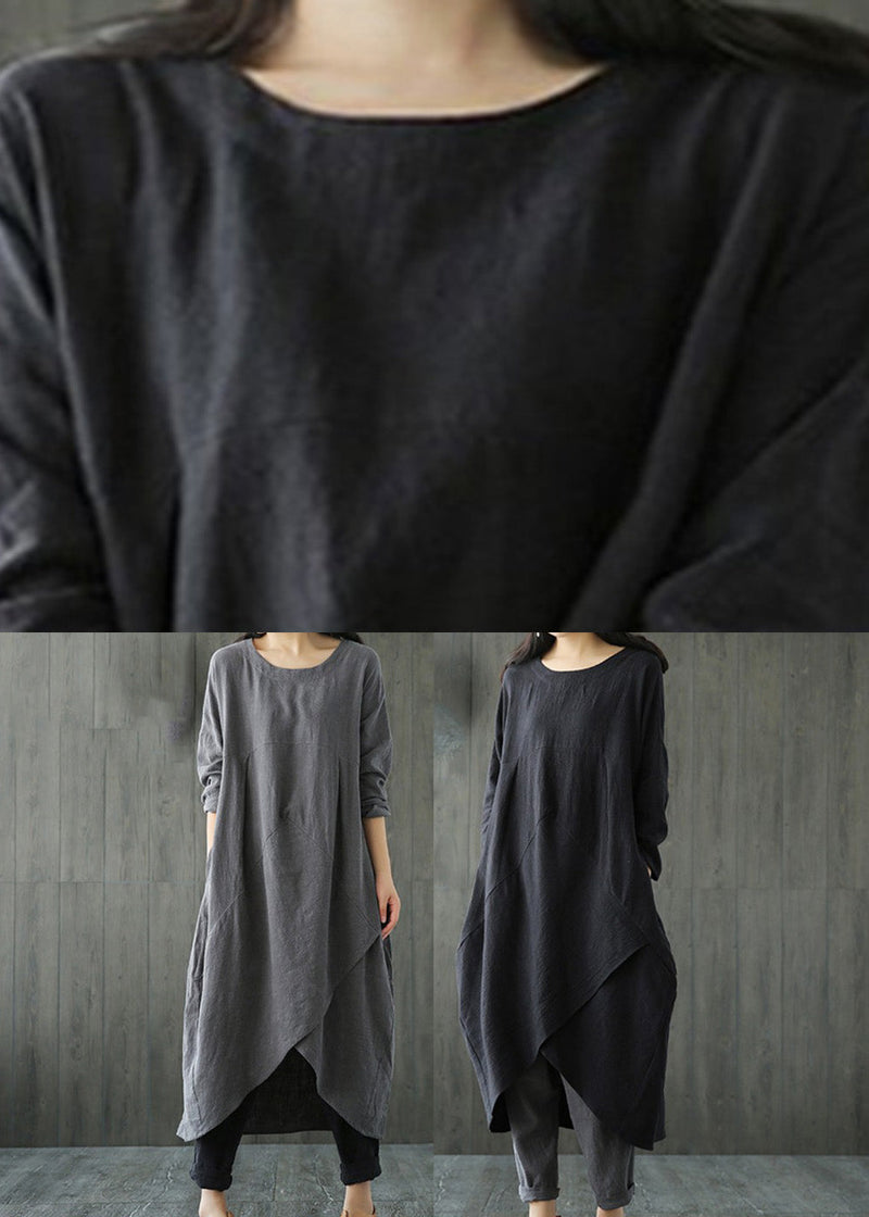 Black O-neck Asymmetrical Linen Long Dress Long Sleeve