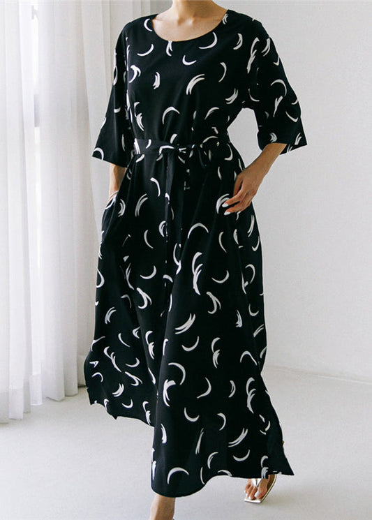 Black O-neck Bow Tie Waist Silk Maxi Dress Long Sleev