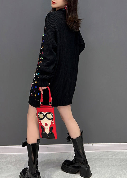 Black O-neck Bright Diamond Knit Mid Dress Winter