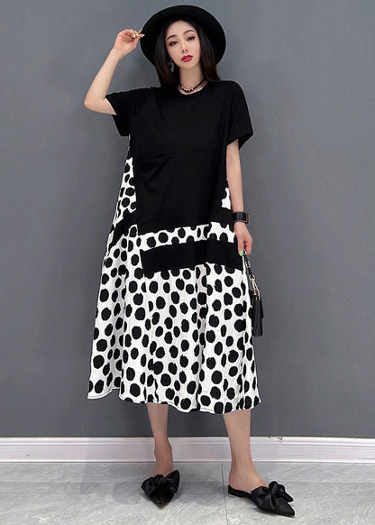 Black O-neck Dot Maxi Dresses Short Sleeve