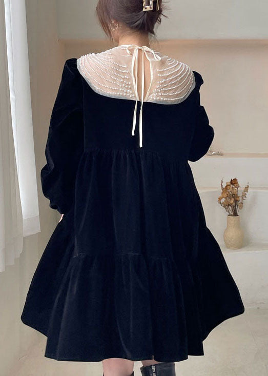 Black O-neck Nail Bead Velour Vacation Dress Spring