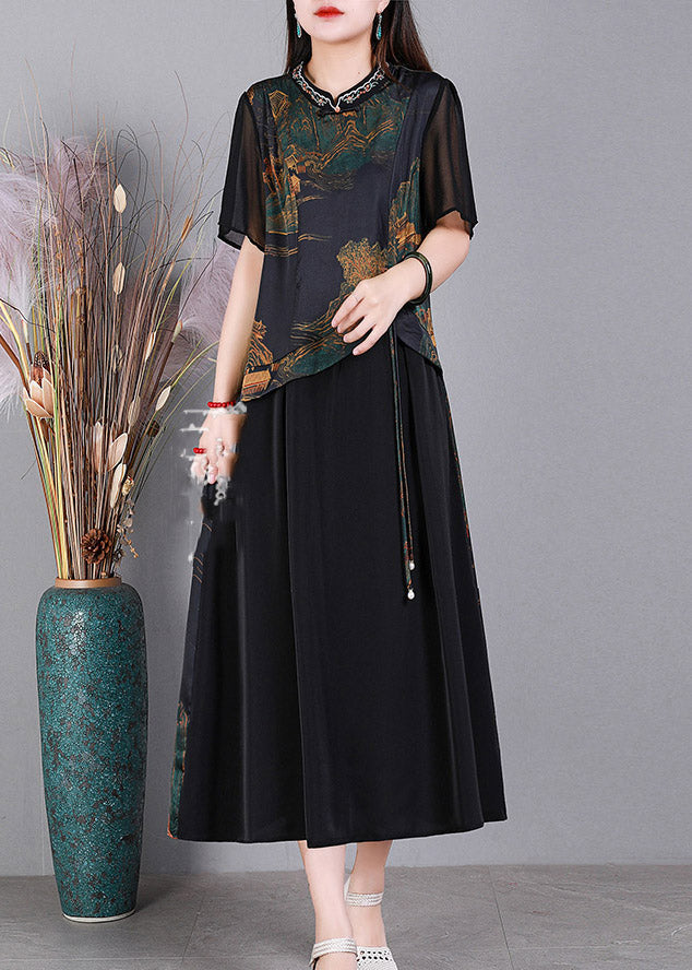 Black O-neck Print Patchwork Silk Dresses Short Sleeve