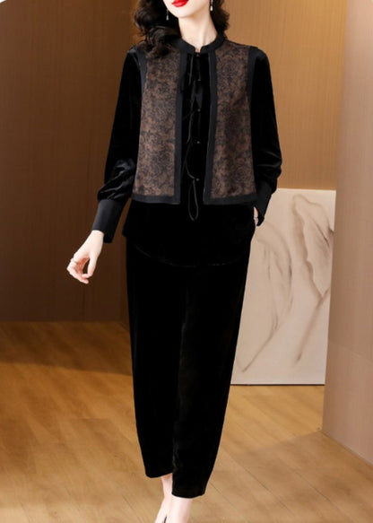 Black O-neck Print Silk Velour Shirts and Harem Pants Two Pieces Set Fall