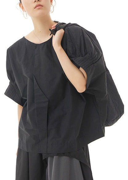 Black O-neck Cotton Top Lantern Sleeve