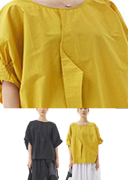 Black O-neck Cotton Top Lantern Sleeve