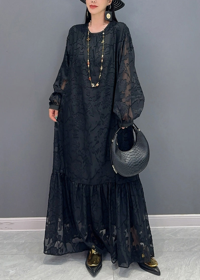Black O-neck Tulle Maxi Dresses Lantern Sleeve