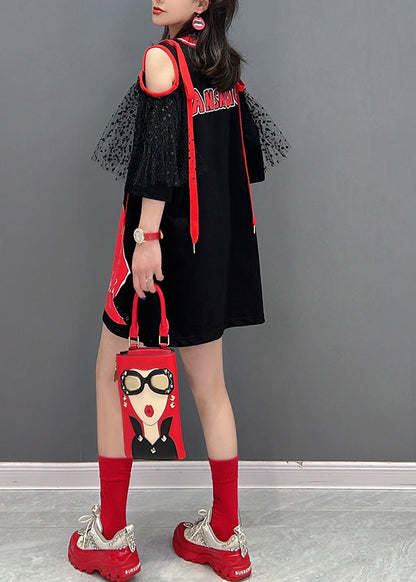 Black O-neck Tulle Patchwork Belle Mid Dress Half Sleeve
