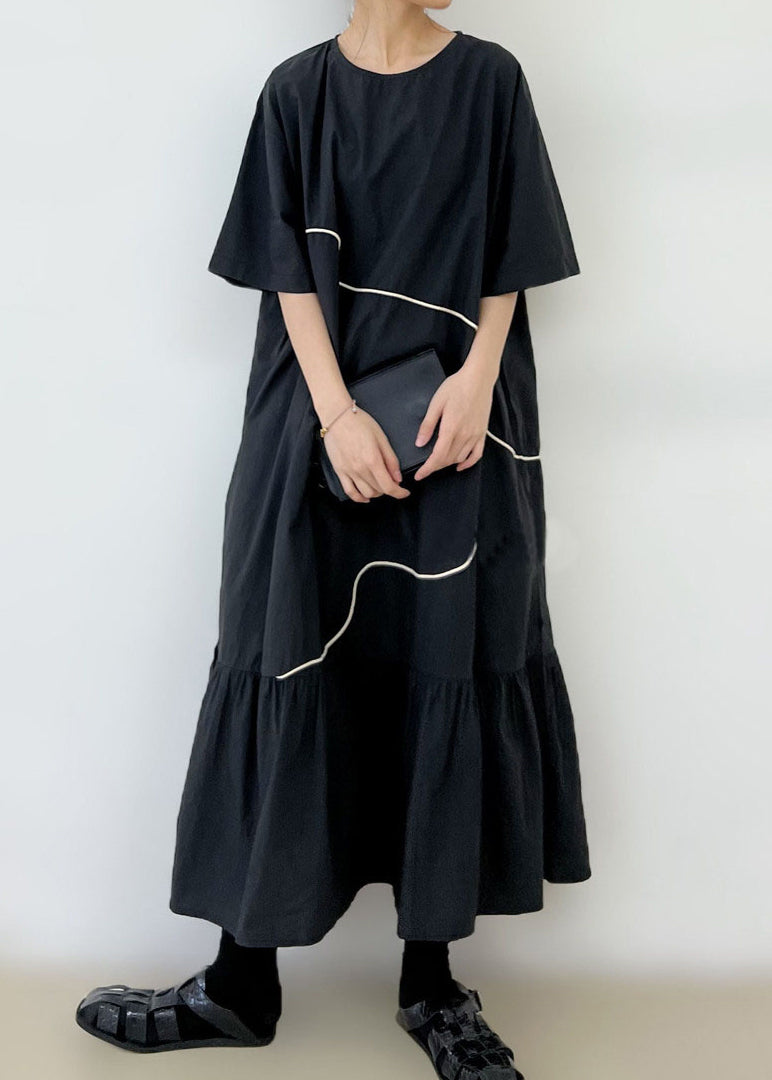 Black O-neck Wrinkled Long Dress Summer