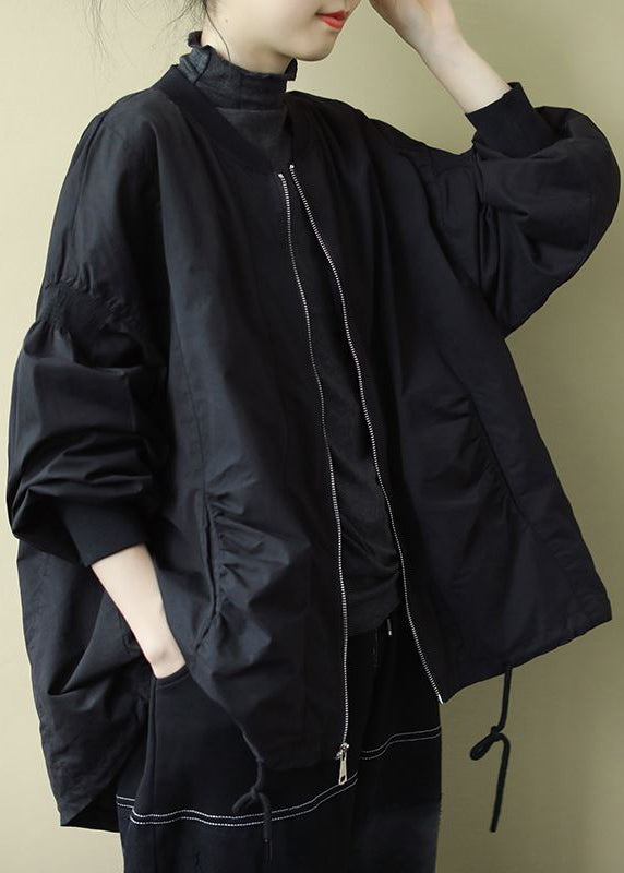 Black O-neck Zip Up Wrinkled Drawstring Long Sleeve