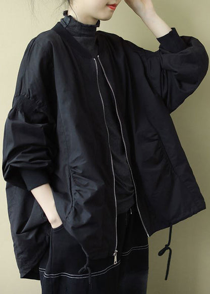 Black O-neck Zip Up Wrinkled Drawstring Long Sleeve