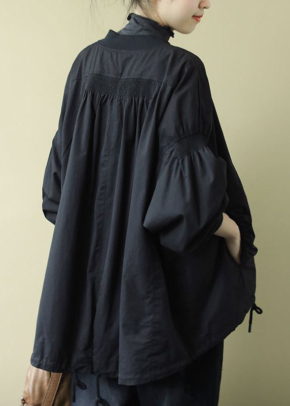 Black O-neck Zip Up Wrinkled Drawstring Long Sleeve