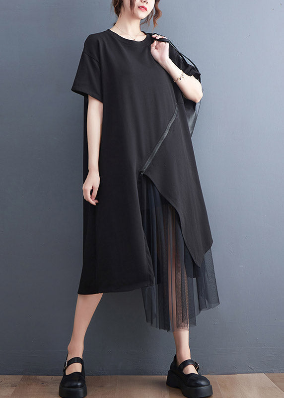 Black O-neck Zippered Cozy Long Dress Short Sleeve