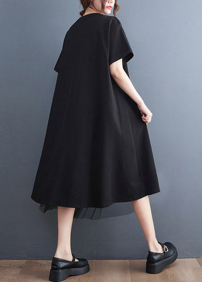 Black O-neck Zippered Cozy Long Dress Short Sleeve