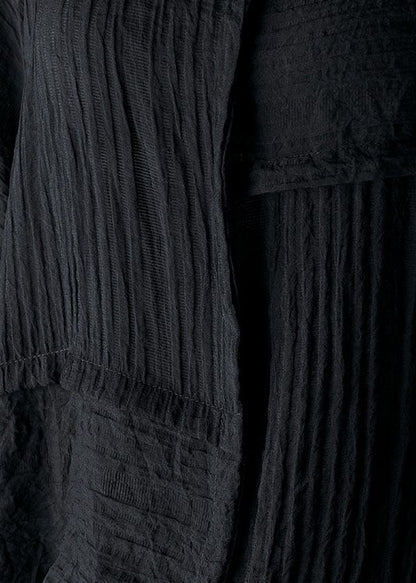 Black O-neck Wrinkled Blouses Half Sleeve