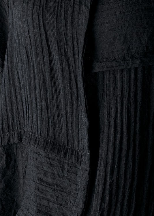 Black O-neck Wrinkled Blouses Half Sleeve