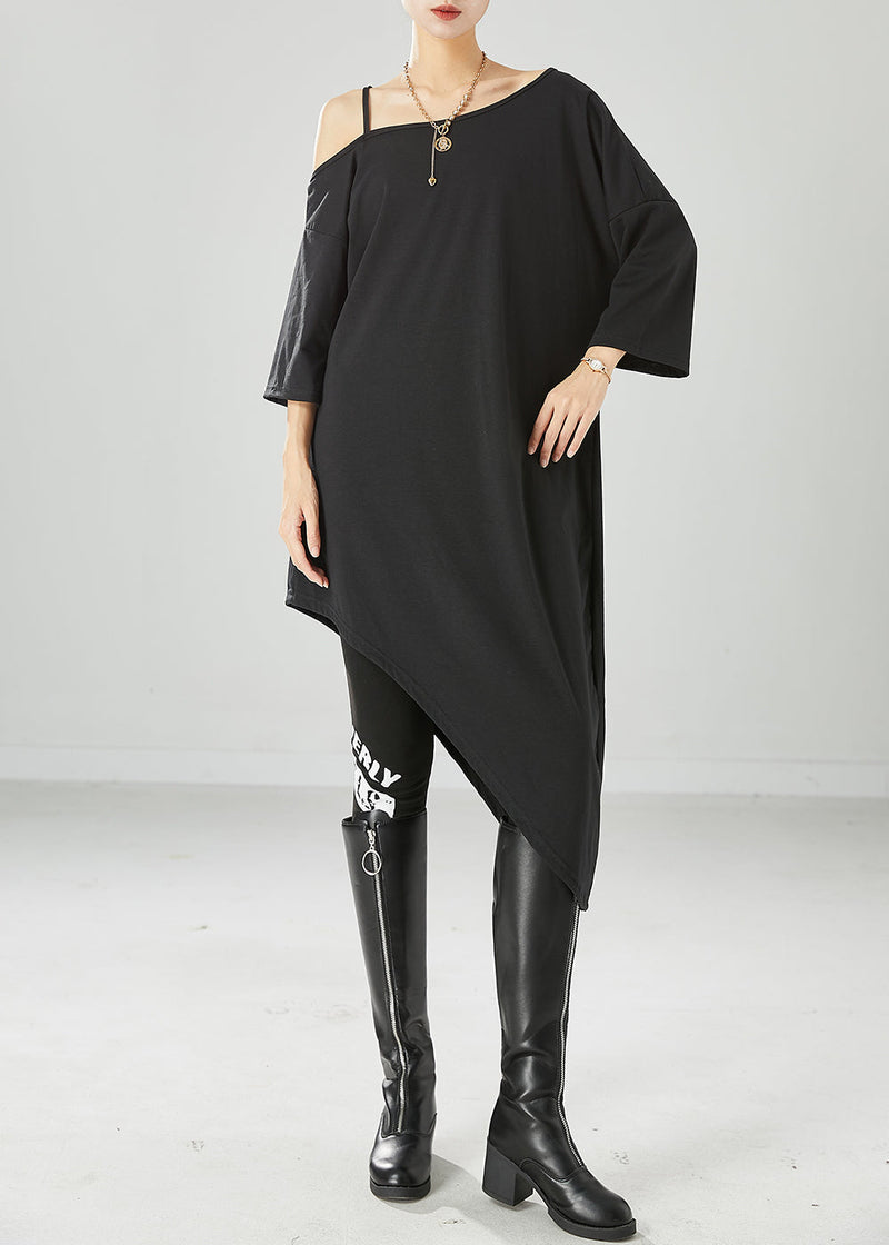 Black Off the Shoulder Cotton Maxi Dresses Asymmetrical Summer