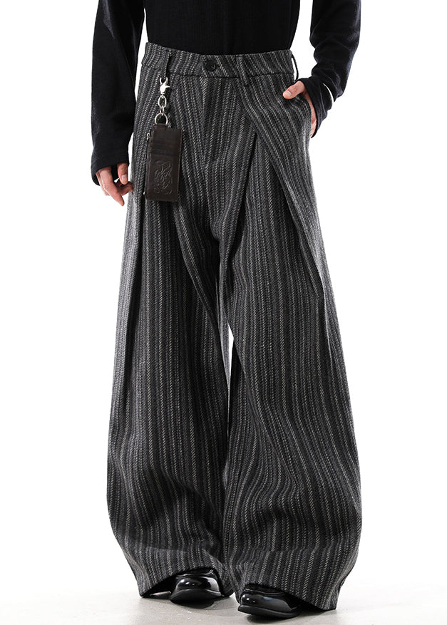 Black Original Design Striped Woolen Wide Leg Pants High Waist