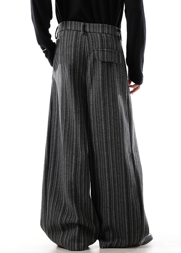 Black Original Design Striped Woolen Wide Leg Pants High Waist