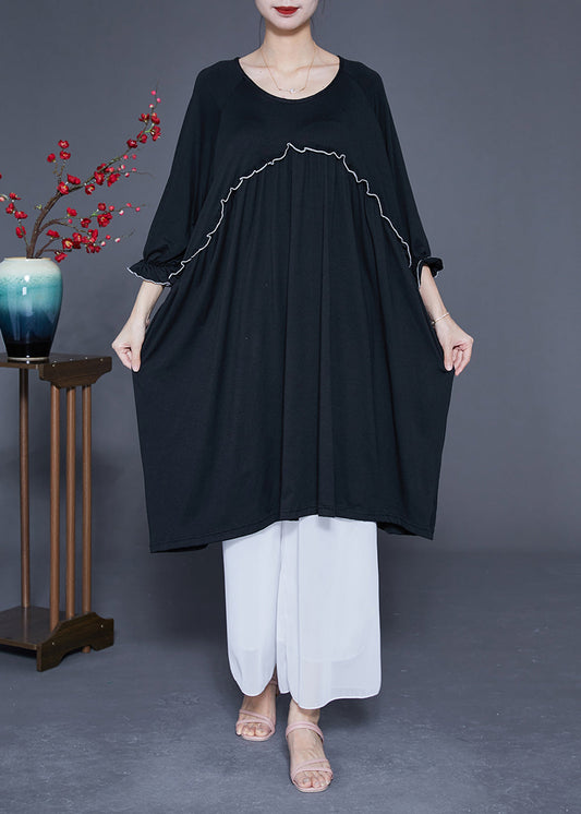 Black Oversized Cotton Long Dress O-neck Ruffled Summer