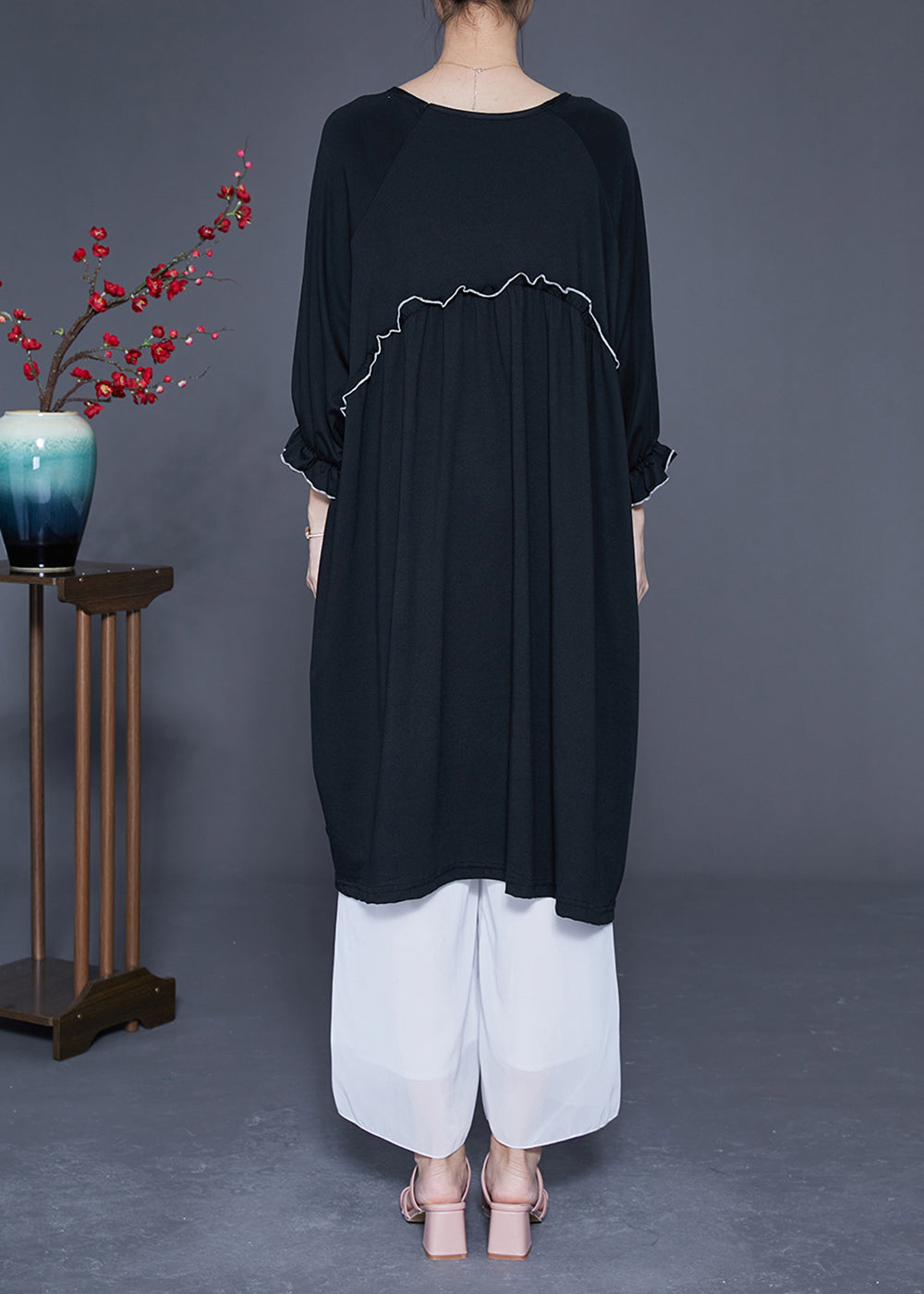Black Oversized Cotton Long Dress O-neck Ruffled Summer