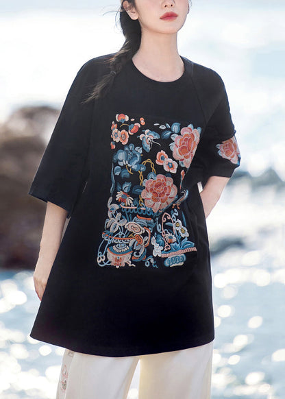 Black Oversized Cotton T Shirt Embroidered Half Sleeve