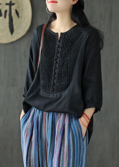 Black Oversized Linen Tank O-neck Wrinkled Oriental Button Short Sleeve